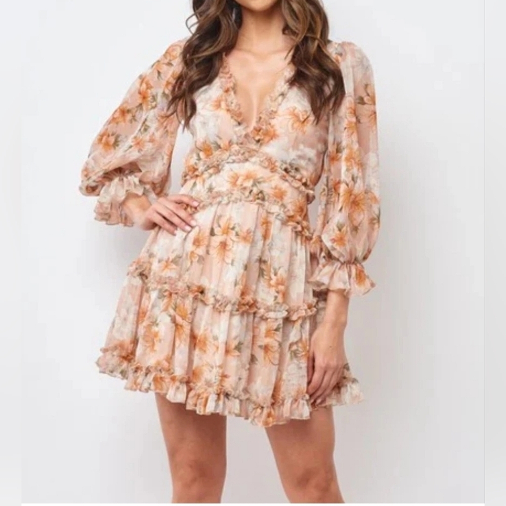 Saints + Secrets Elegant Mini Dress Nude Ruffles Size Small Polyester Floral